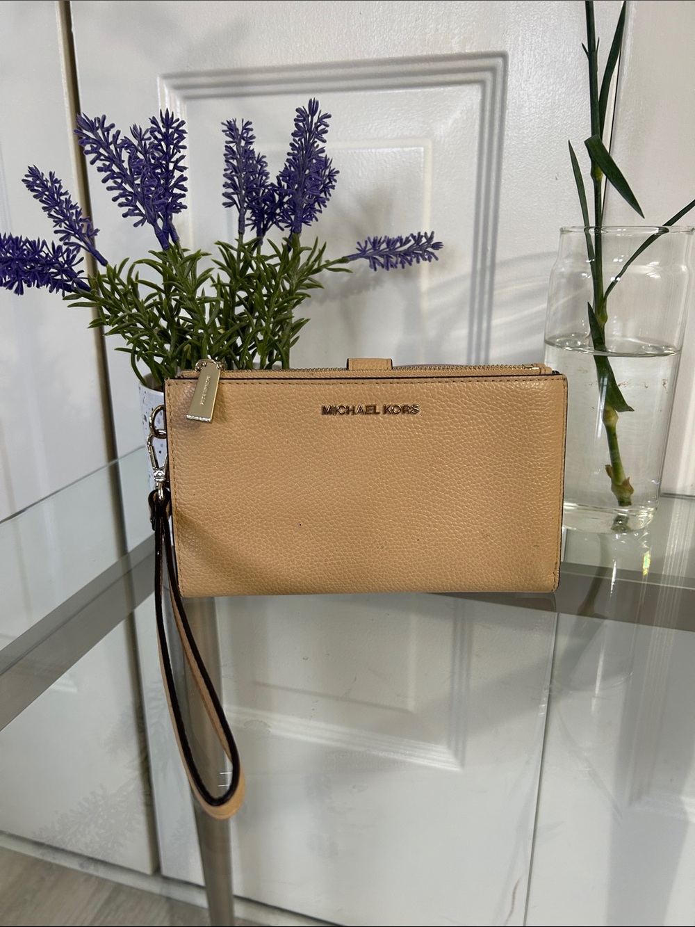 Michael Kors Beige/Tan Leather Wristlet Clutch